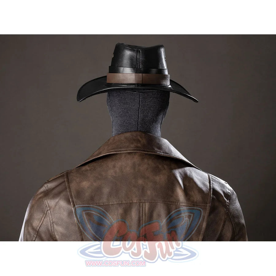 Spider-Noir Ben Reilly cosplay trench coat back detail frames the collar below a black hat.