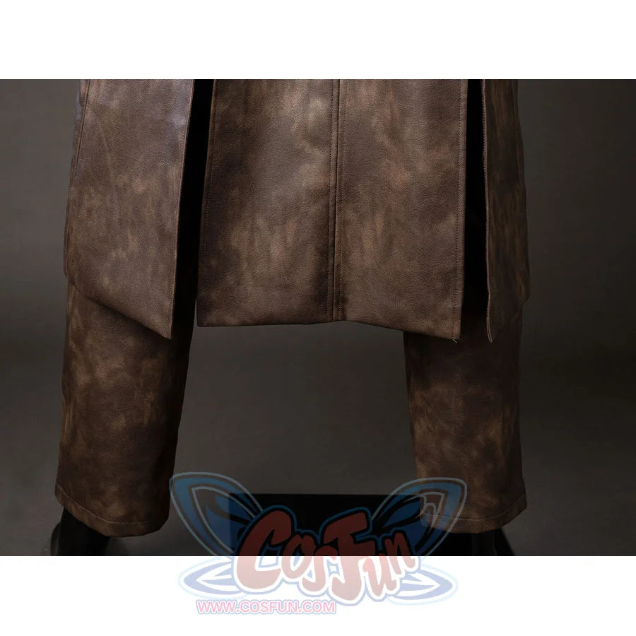 Spider-Noir Ben Reilly cosplay coat hem detail falls over brown cropped pants and black inner lining.