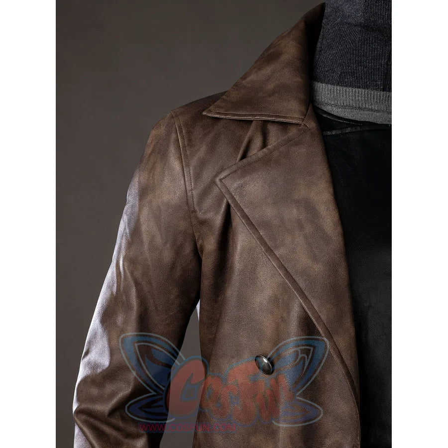 Spider-Noir Ben Reilly cosplay trench coat lapel detail layers brown panels around a dark button.