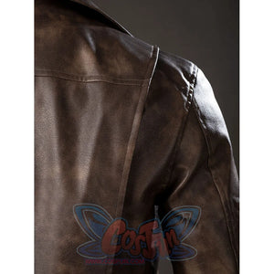 Spider-Noir Ben Reilly cosplay coat shoulder detail catches the seam lines across mottled brown panels.