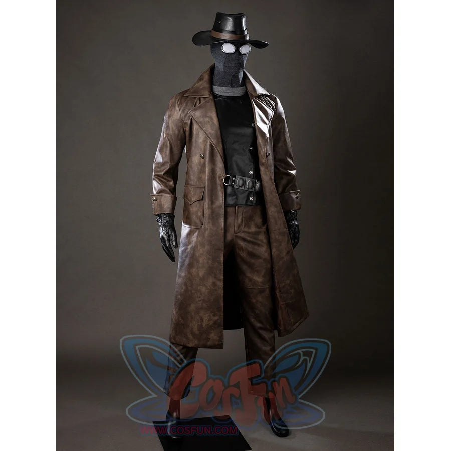 Spider-Noir Ben Reilly cosplay costume angled front view opens the brown coat around the belt and vest.