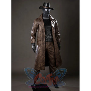 Spider-Noir Ben Reilly cosplay costume angled front view opens the brown coat around the belt and vest.
