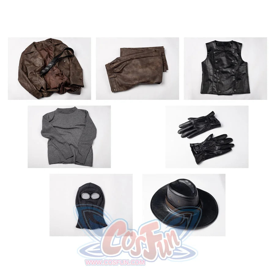 Spider-Noir Ben Reilly cosplay costume flat lay groups brown coat parts around mask, hat, and gloves.