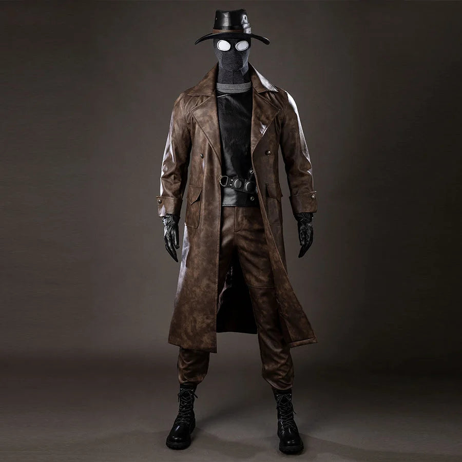 COSFUN Spider-Noir Ben Reilly cosplay costume front view layers a brown trench coat over black vest and mask.