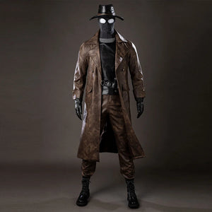 COSFUN Spider-Noir Ben Reilly cosplay costume front view layers a brown trench coat over black vest and mask.