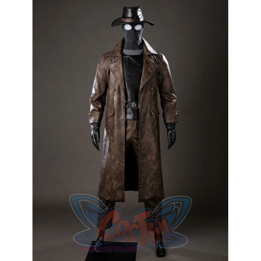 Spider-Noir Ben Reilly cosplay costume front view balances a black vest under the brown trench coat.