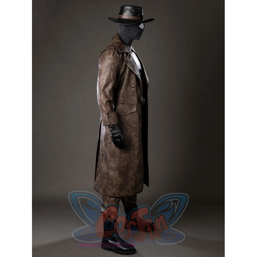 Spider-Noir Ben Reilly cosplay costume side view drapes a long brown coat over cropped pants.