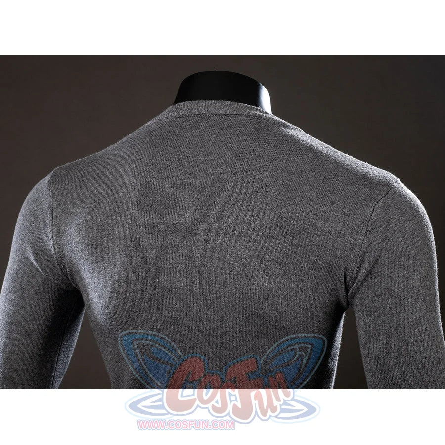 Spider-Noir Ben Reilly cosplay sweater back detail keeps a plain gray knit surface across the shoulders.