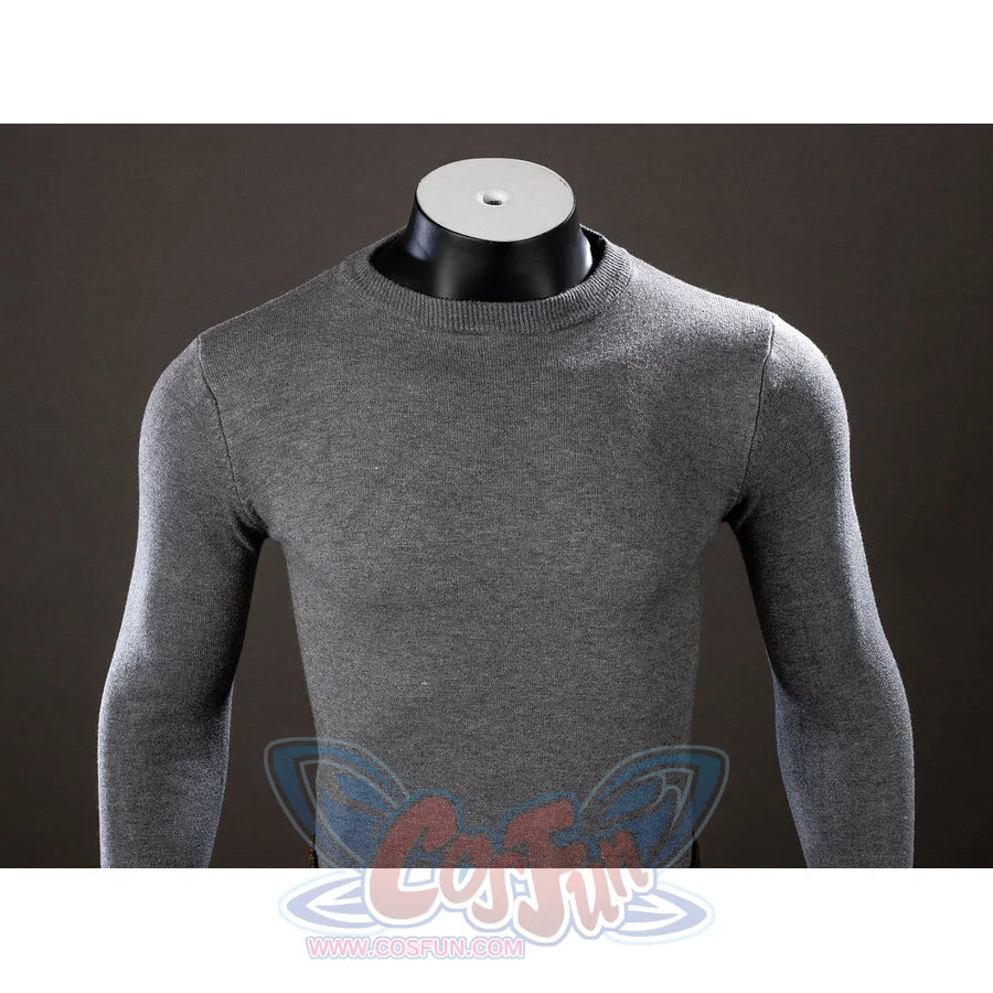 Spider-Noir Ben Reilly cosplay knit sweater front detail centers a plain gray high-neck design.