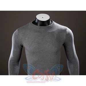 Spider-Noir Ben Reilly cosplay knit sweater front detail centers a plain gray high-neck design.