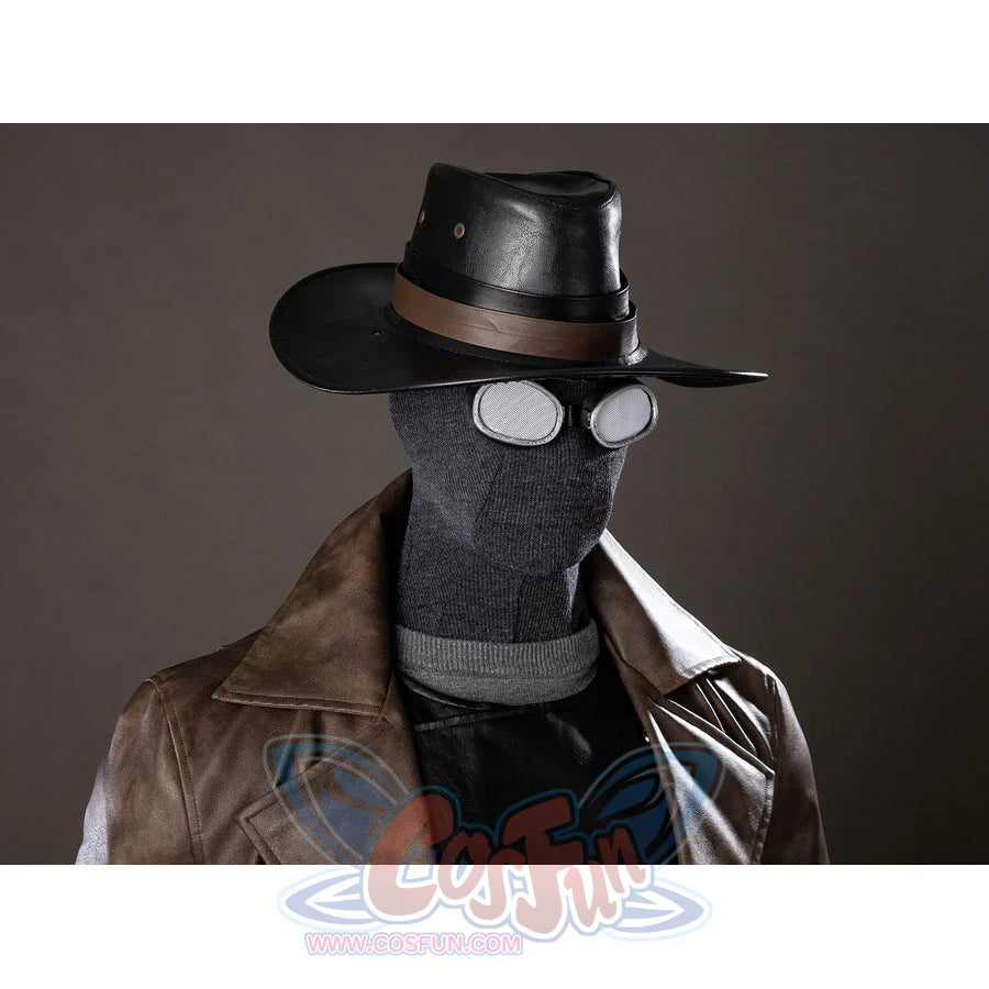 Spider-Noir Ben Reilly cosplay hat and mask detail angles round goggles above the brown coat collar.