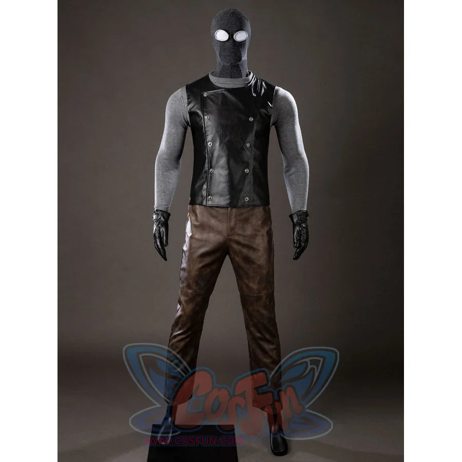 Spider-Noir Ben Reilly cosplay costume inner set layers black vest panels above brown cropped pants.