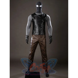 Spider-Noir Ben Reilly cosplay costume inner set layers black vest panels above brown cropped pants.