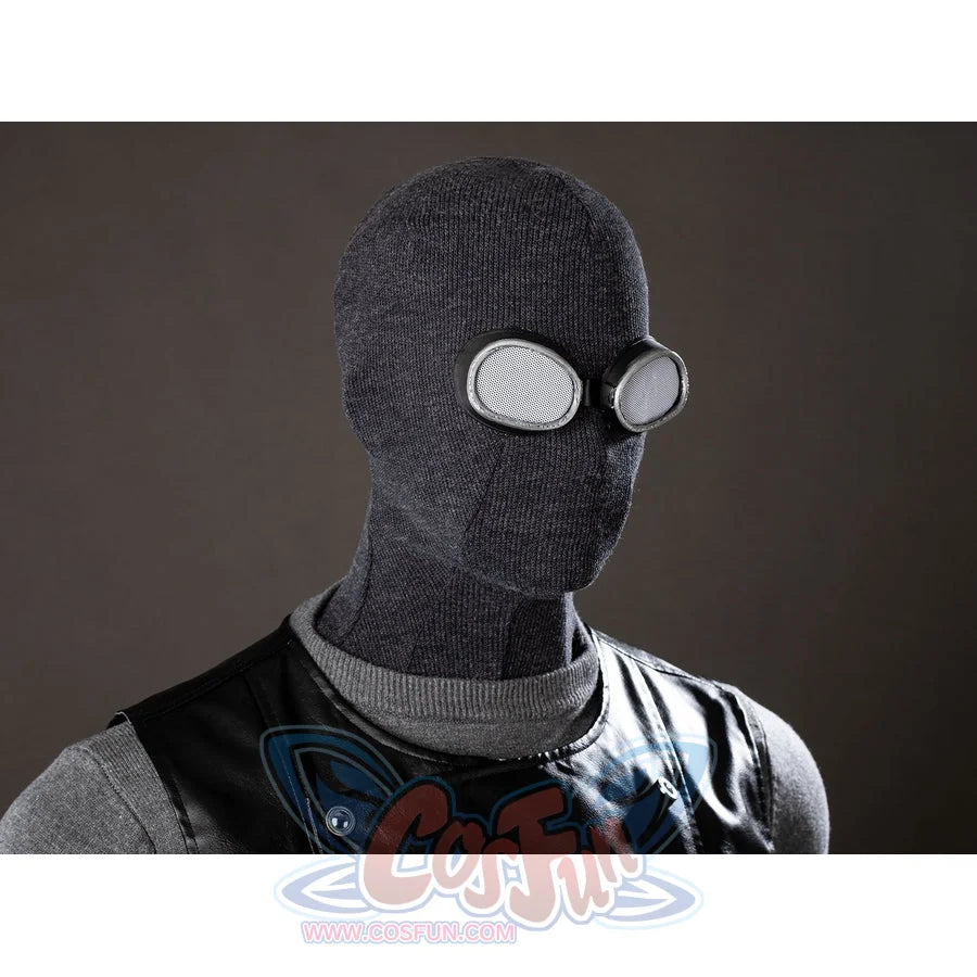Spider-Noir Ben Reilly cosplay mask close-up angles the gray hood and round goggles above black vest panels.