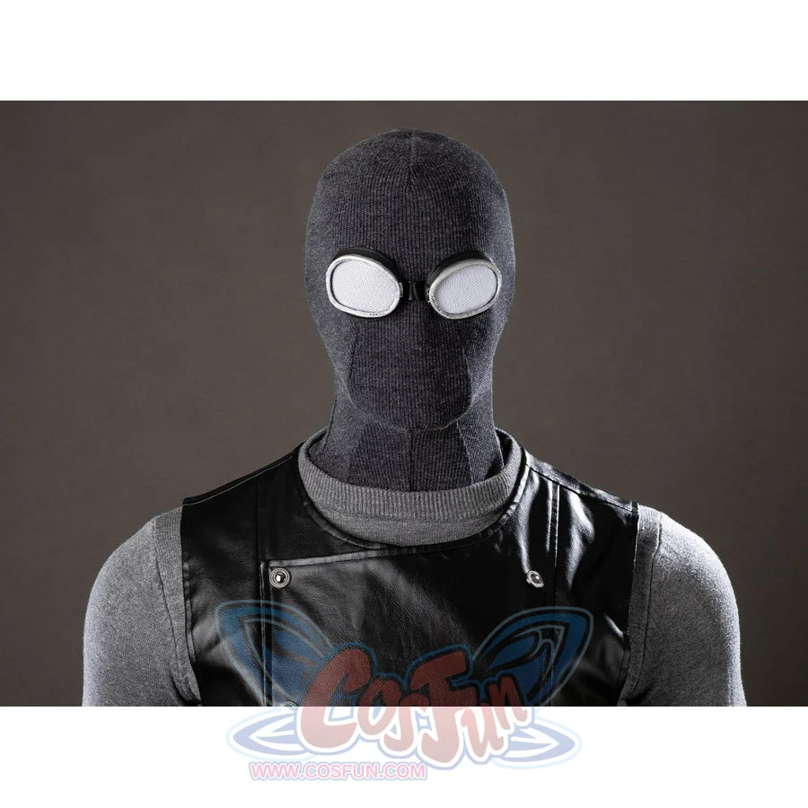Spider-Noir Ben Reilly cosplay mask detail sets white goggles above a black vest and gray sweater.