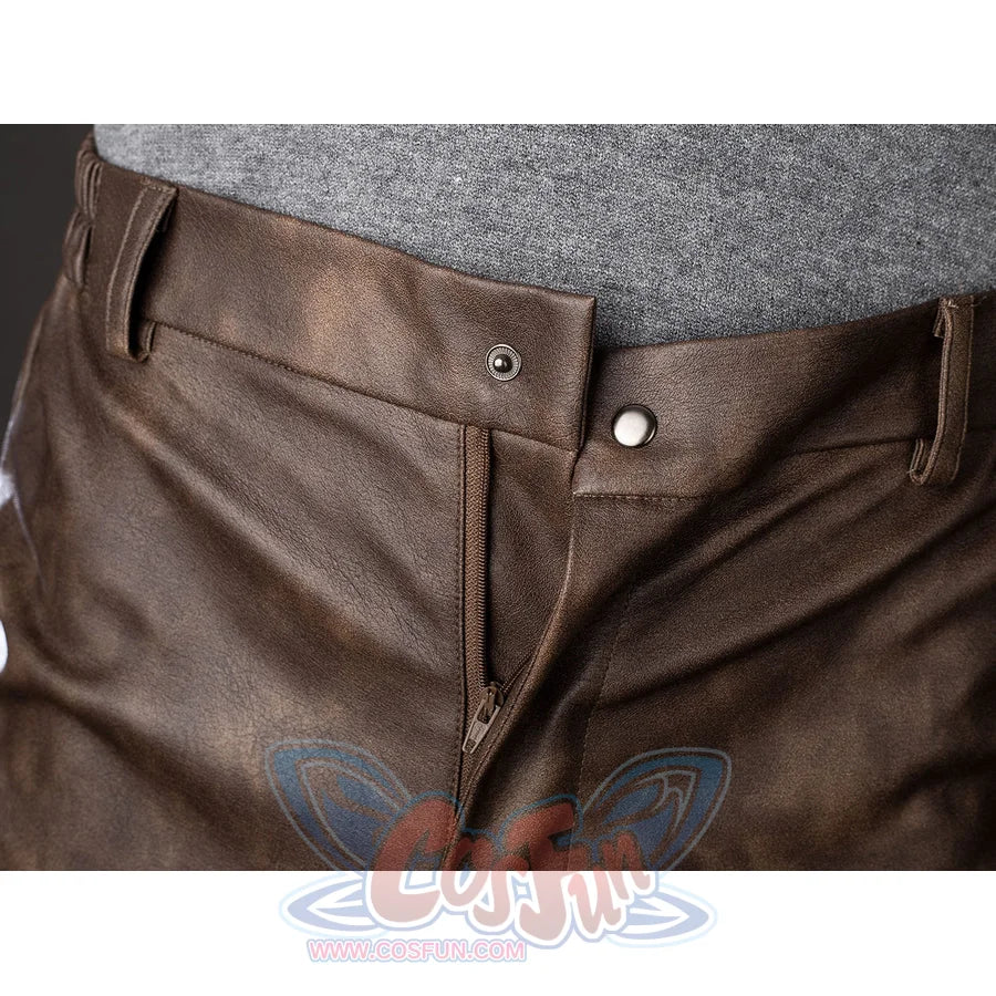 Spider-Noir Ben Reilly cosplay pants waist detail sets a metal snap above the brown fly seam.