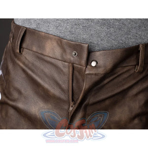 Spider-Noir Ben Reilly cosplay pants waist detail sets a metal snap above the brown fly seam.