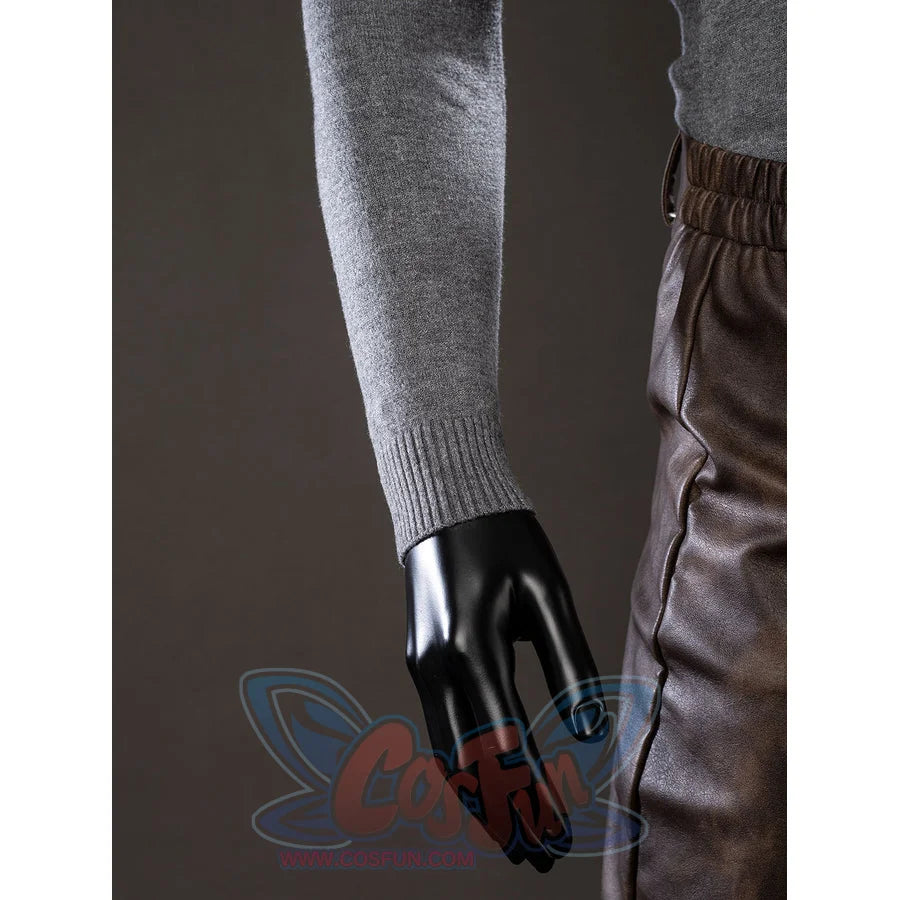 Spider-Noir Ben Reilly cosplay sleeve and glove detail sets gray knit cuffs above glossy black fingers.