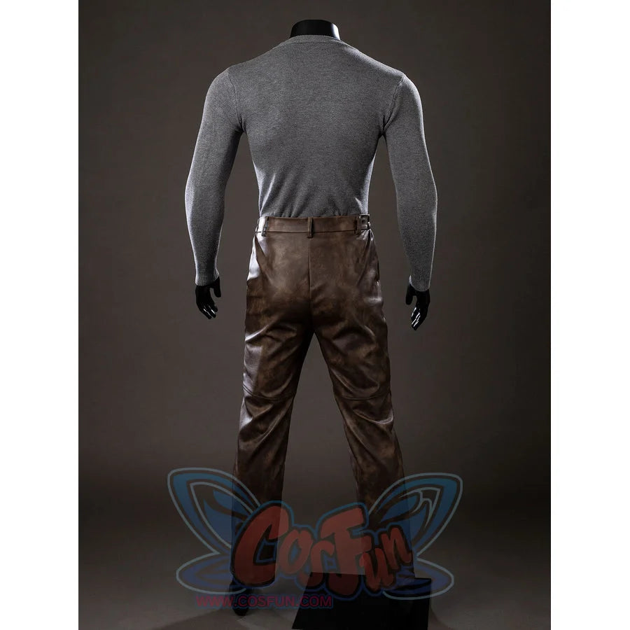 Spider-Noir Ben Reilly cosplay sweater and pants back view centers brown trousers below gray knit sleeves.