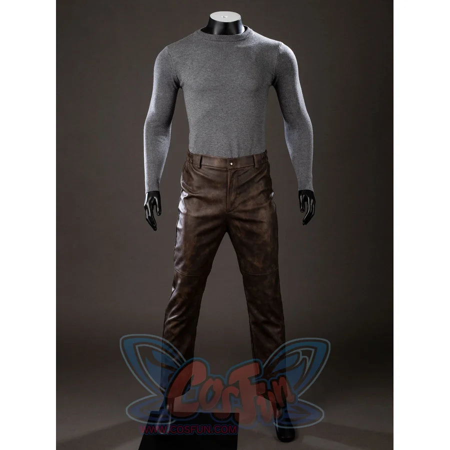 Spider-Noir Ben Reilly cosplay sweater and pants front view sets gray knit sleeves above brown trousers.