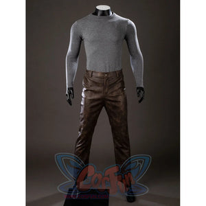 Spider-Noir Ben Reilly cosplay sweater and pants front view sets gray knit sleeves above brown trousers.