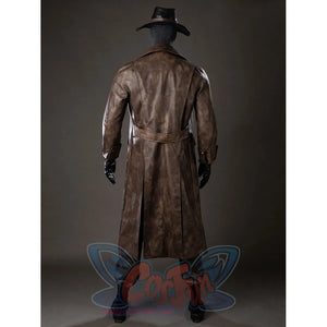 Spider-Noir Ben Reilly cosplay costume back view centers the belted brown trench coat and hat.