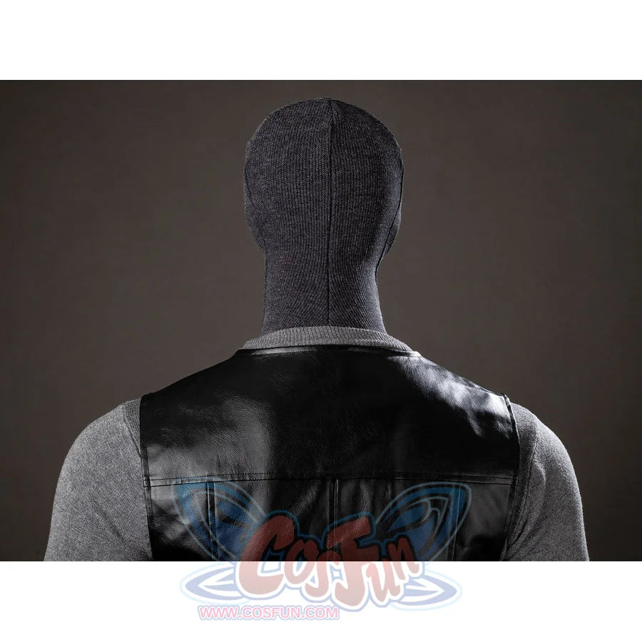 Spider-Noir Ben Reilly cosplay vest back detail lays black panels over gray knit sleeves.