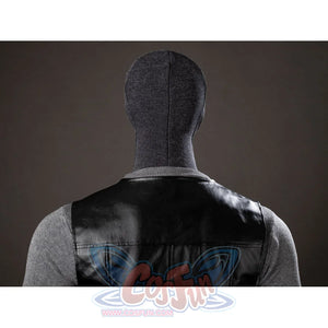 Spider-Noir Ben Reilly cosplay vest back detail lays black panels over gray knit sleeves.