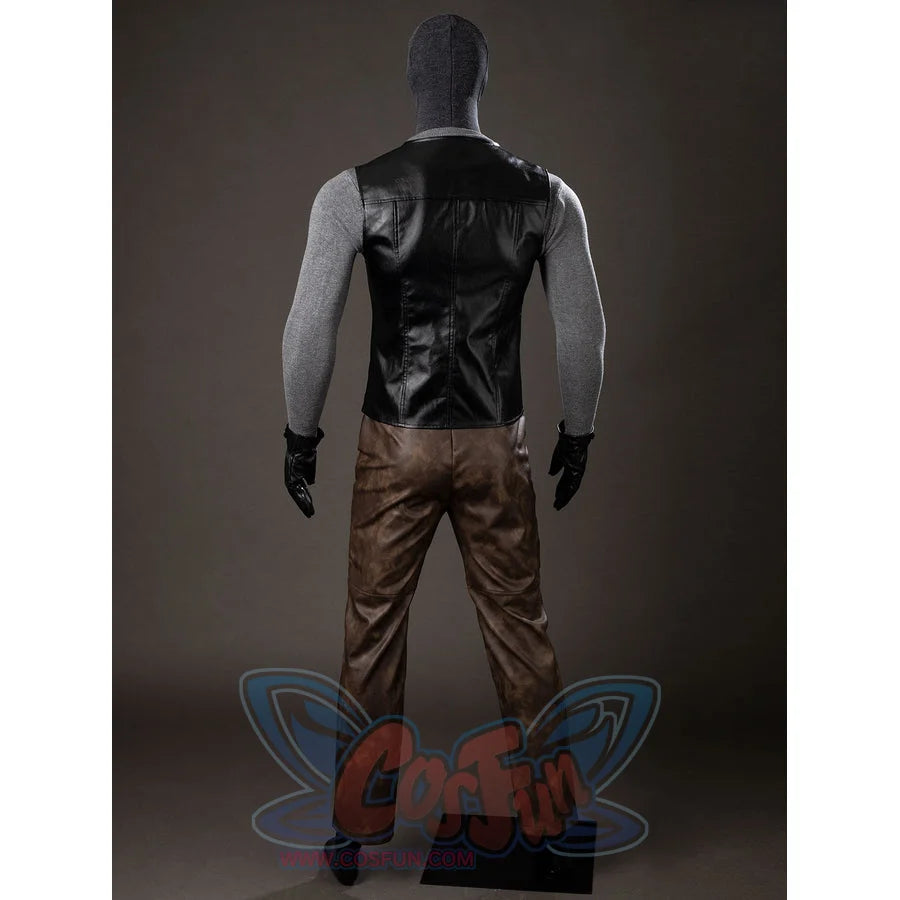 Spider-Noir Ben Reilly cosplay costume back view layers a black vest over gray sleeves and brown pants.