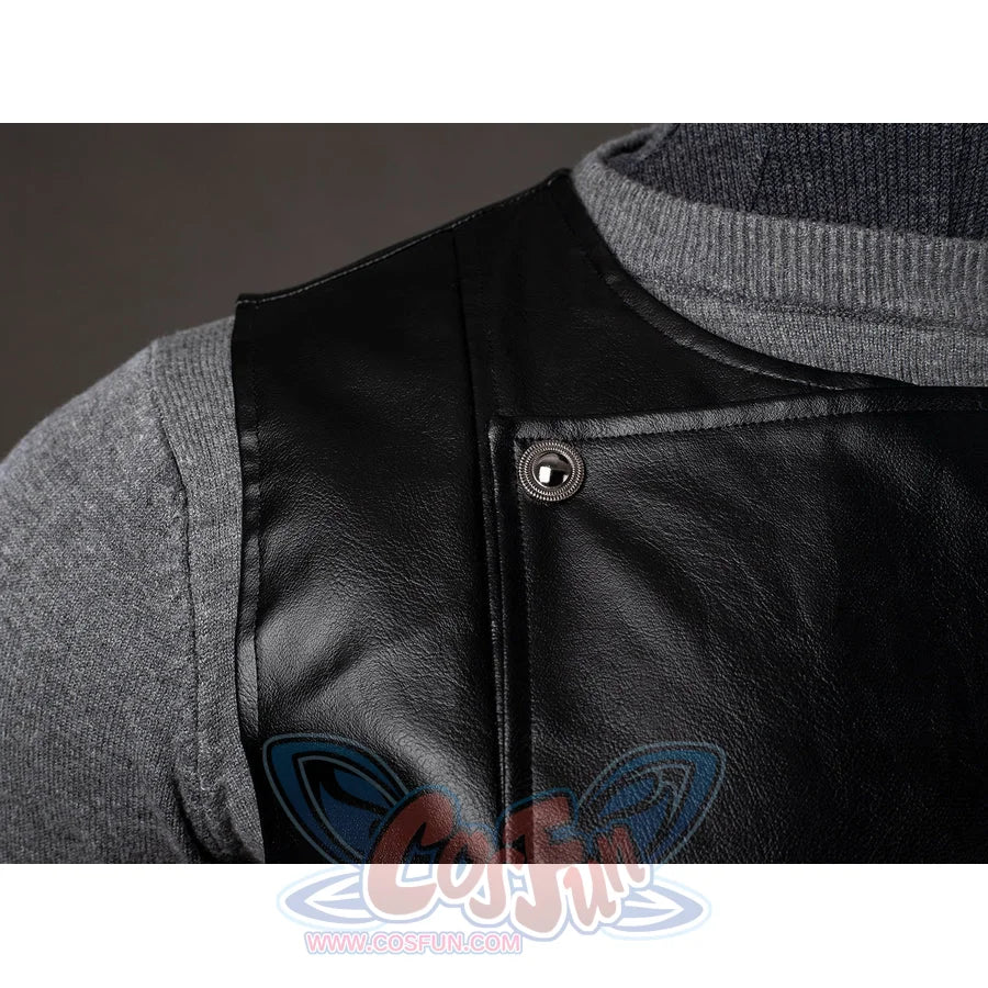Spider-Noir Ben Reilly cosplay vest shoulder detail layers black faux leather over gray knit fabric.