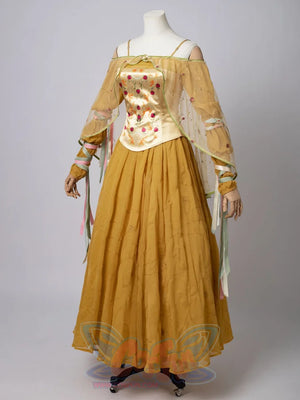 Star Wars Padme Amidala cosplay yellow dress front view sets rose embroidery over the golden corset.