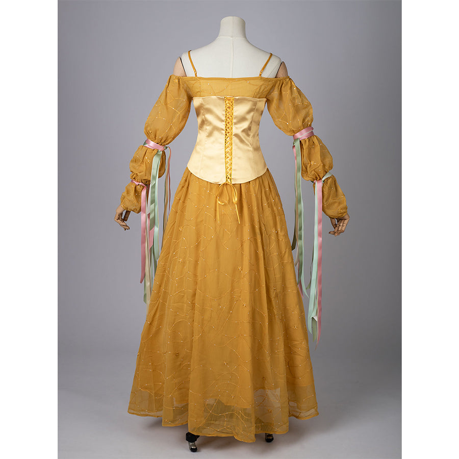 Star Wars Padme Amidala cosplay yellow dress back view anchors a lace-up corset above ribboned sleeves.
