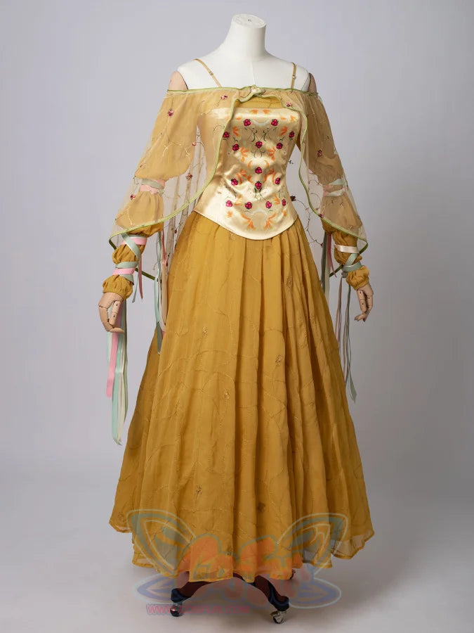 Star Wars Padme Amidala cosplay yellow dress angled front frames ribboned sleeves beside the embroidered corset.