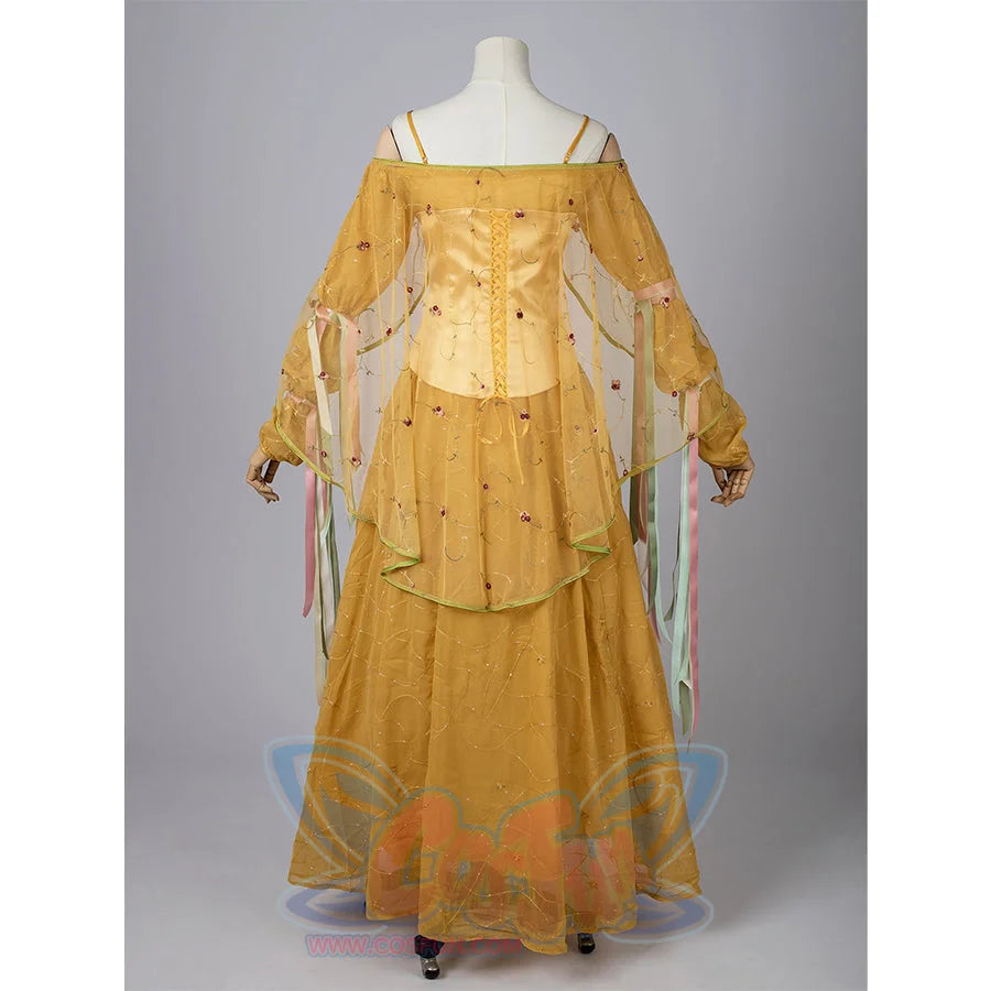Star Wars Padme Amidala cosplay yellow dress back view drapes sheer sleeves around a lace-up satin corset.