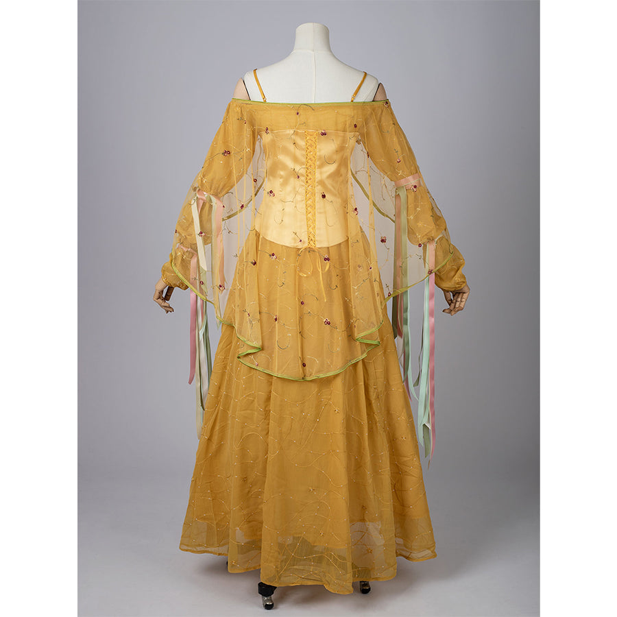 COSFUN Star Wars Padme Amidala cosplay yellow dress layers an embroidered satin corset over a full skirt.