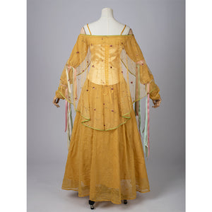 Star Wars Padme Amidala cosplay yellow dress back view drapes sheer sleeves around a lace-up satin corset.