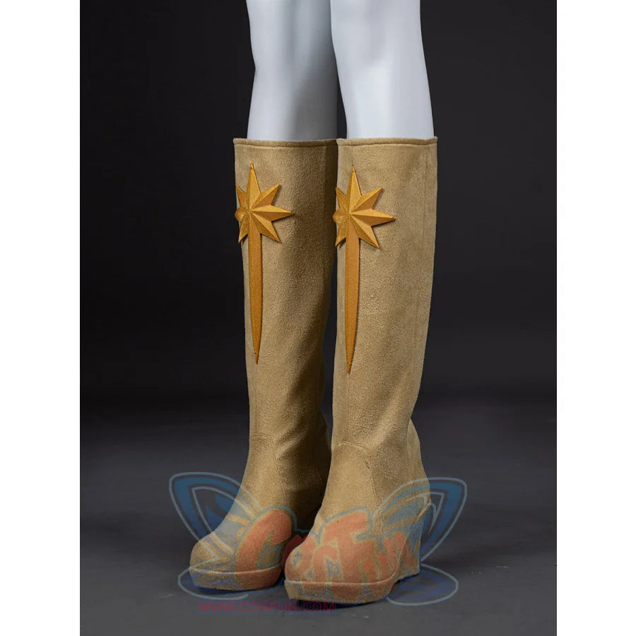 The Boys Starlight cosplay boots in an angled view, with gold star accents set over tan PU leather