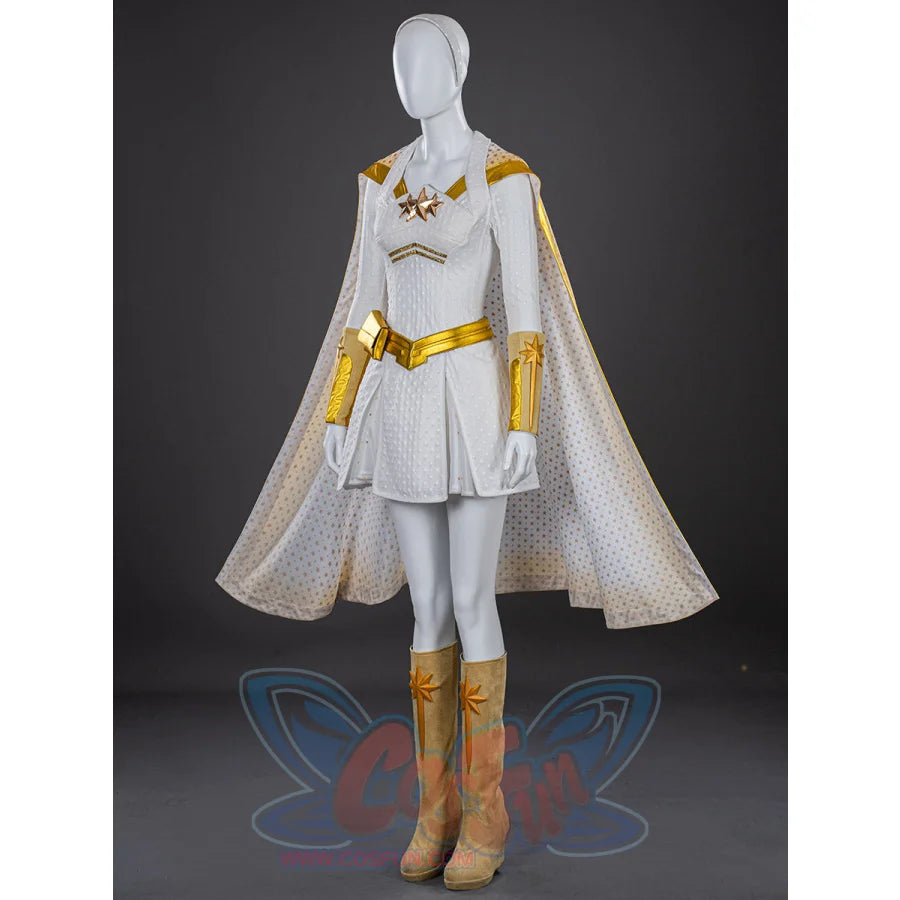 The Boys Starlight cosplay boots in an angled outfit view, set beneath a white cape and gold belt