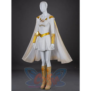 The Boys Starlight cosplay boots in an angled outfit view, set beneath a white cape and gold belt