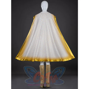 The Boys Starlight cosplay boots back outfit view showing tan shafts beneath a white cape edged in gold trim