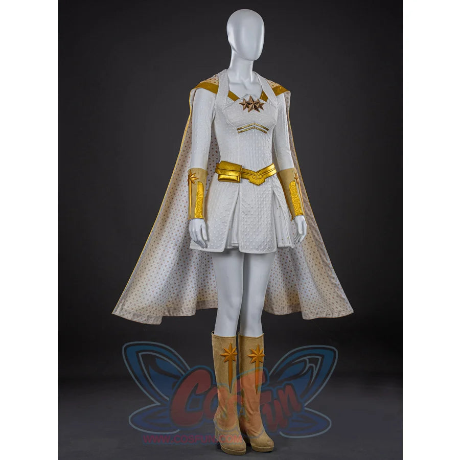 The Boys Starlight cosplay boots front outfit view, paired with a white hero costume and long cape