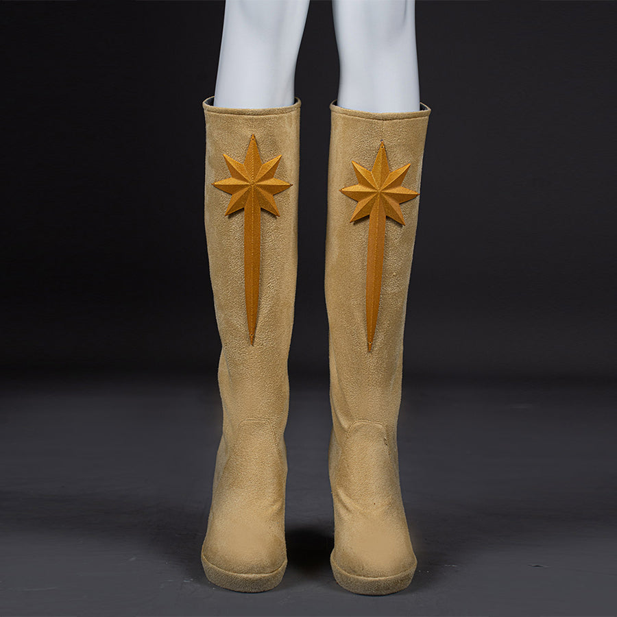 COSFUN The Boys Starlight cosplay boots front view featuring tan PU leather shafts accented by gold star emblems