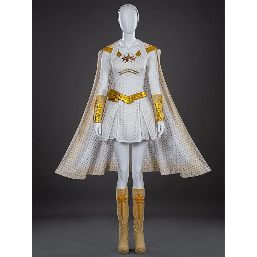 The Boys Starlight cosplay boots styled beneath a white hero outfit framed by a gold-trimmed cape