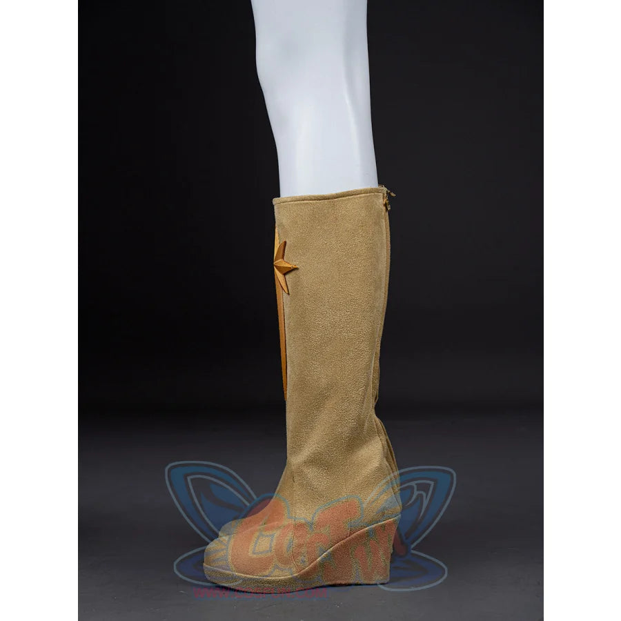 The Boys Starlight cosplay boots side profile highlighting a tall tan shaft flowing into the wedge heel
