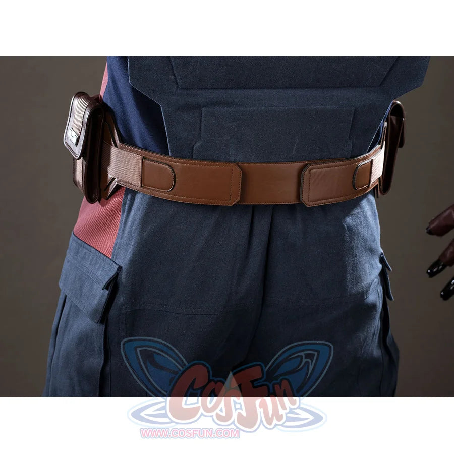 Steve Rogers cosplay back belt detail anchors brown pouches across the blue pants waist.