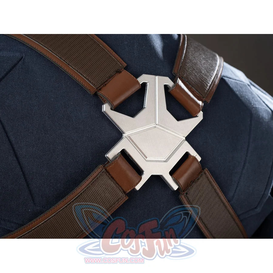 Steve Rogers cosplay back harness detail centers a silver-tone plate between brown straps.