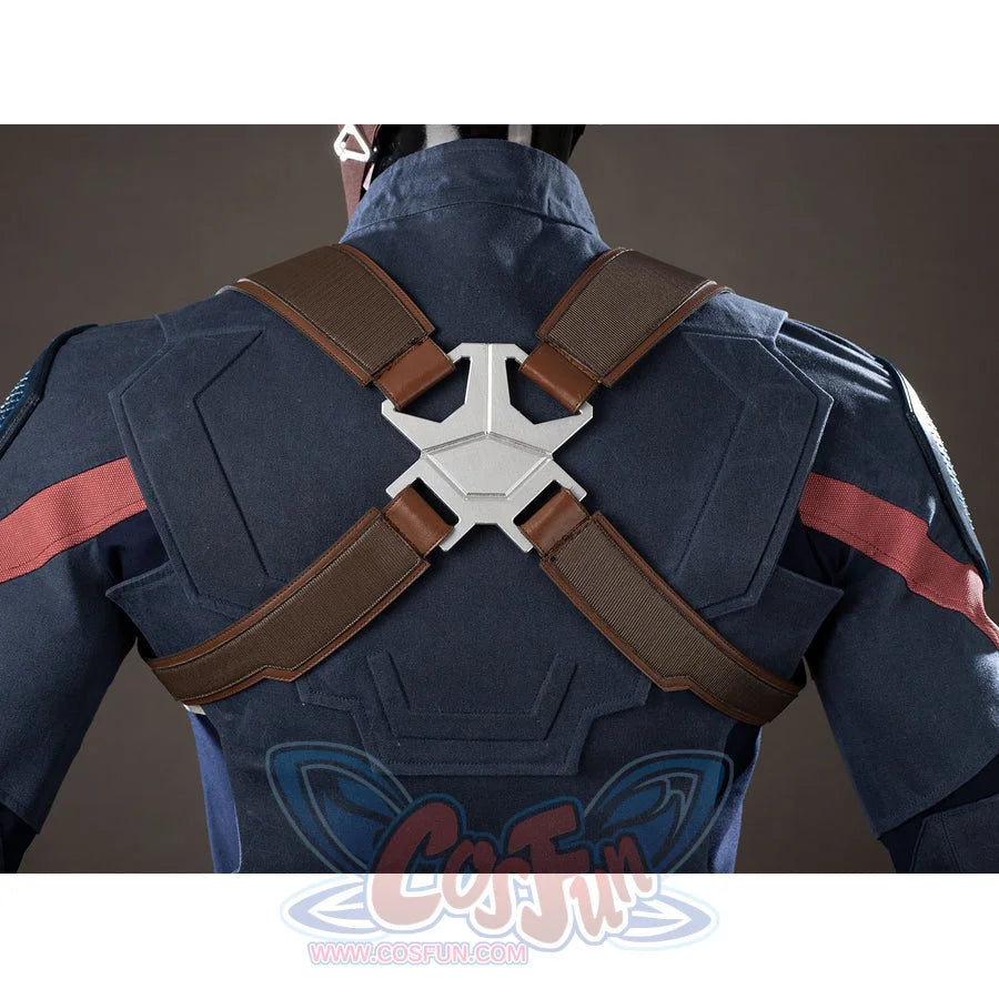Steve Rogers cosplay back armor view crosses brown harness straps around a silver-tone back plate.