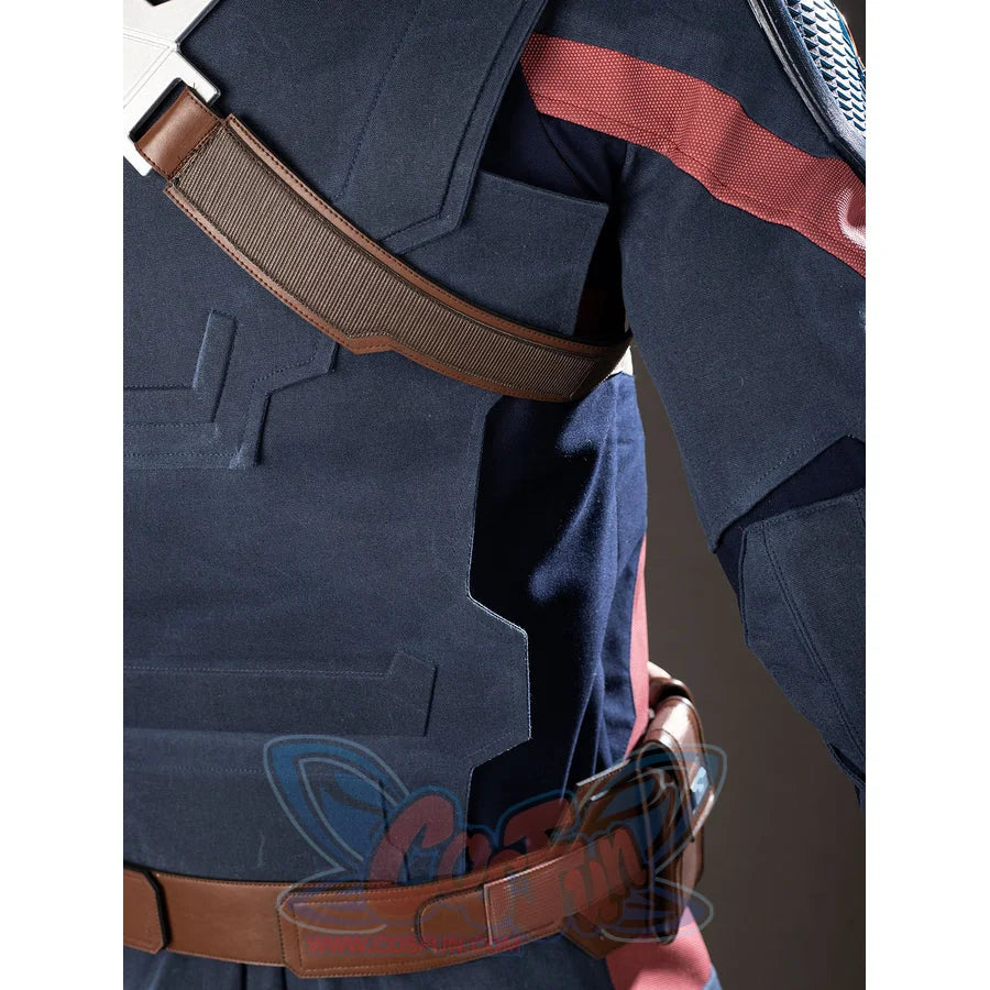 Steve Rogers cosplay hip strap detail cuts brown webbing across navy back armor.