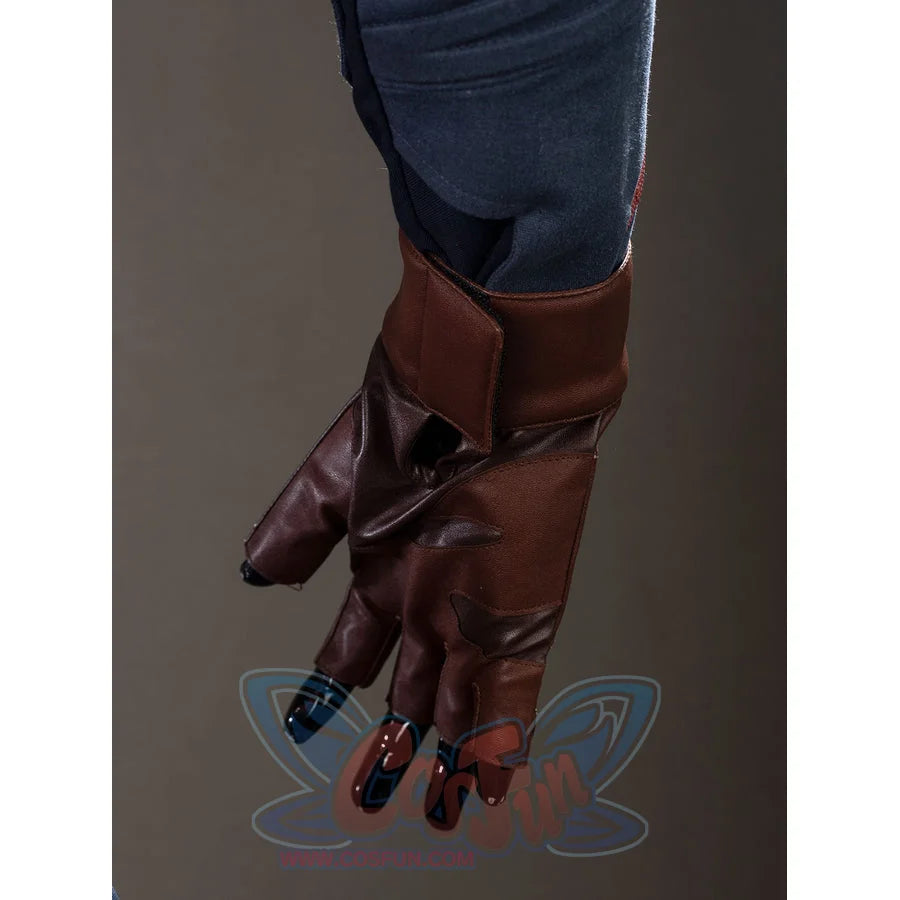 Steve Rogers cosplay brown glove close-up curves a padded wrist guard over dark fingers.