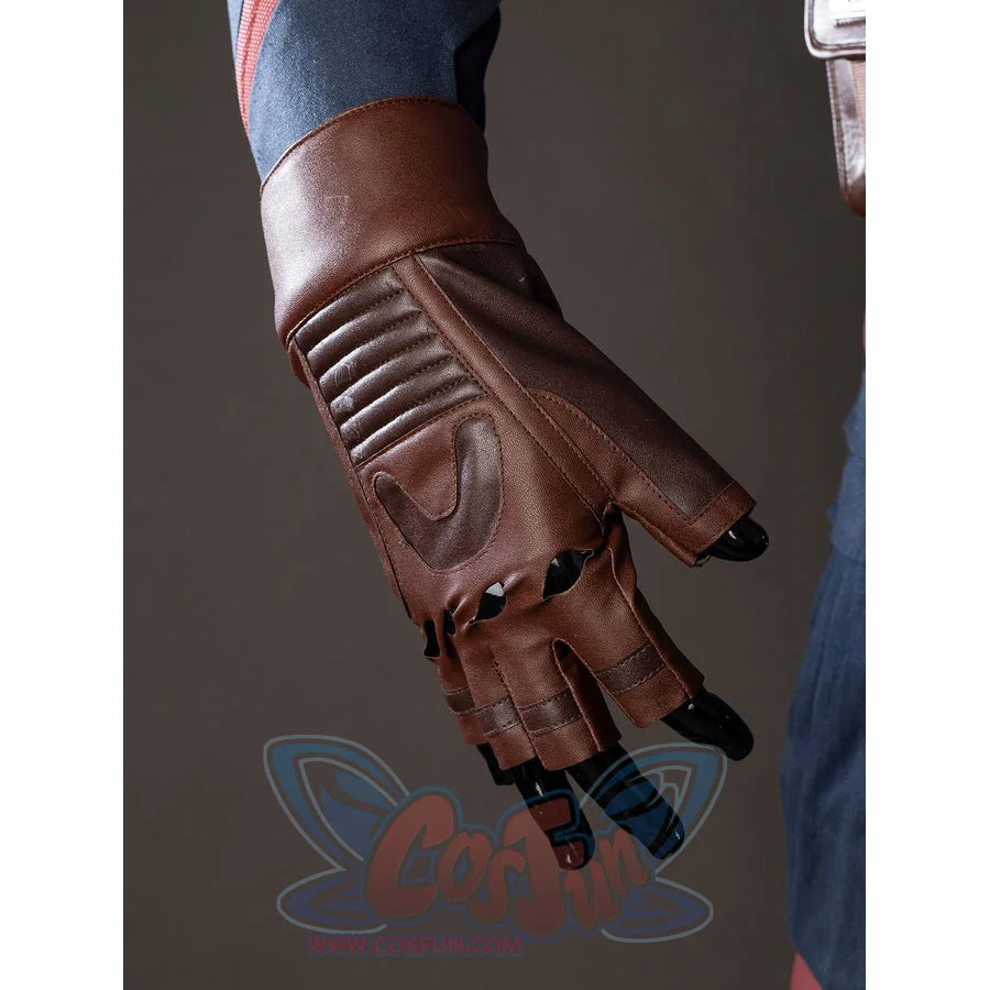 Steve Rogers cosplay brown glove detail layers padded cuffs over segmented fingers.